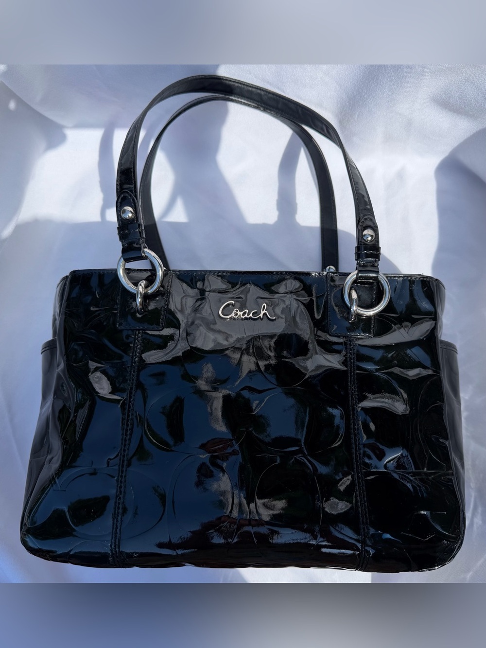 Coach Black Patent Leather Shoulder Bag with Silver Hardware